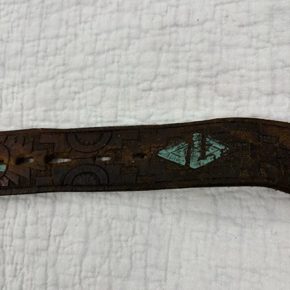 Vintage 70s Tooled Buckle Belt Navajo Geometric Leather Hippie Turquise Paint